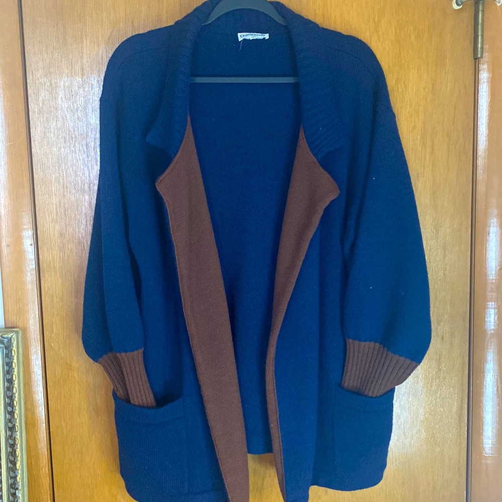 Vintage CACHAREL wool cardigan.  Navy blue and brown. Heavy warm and perfect